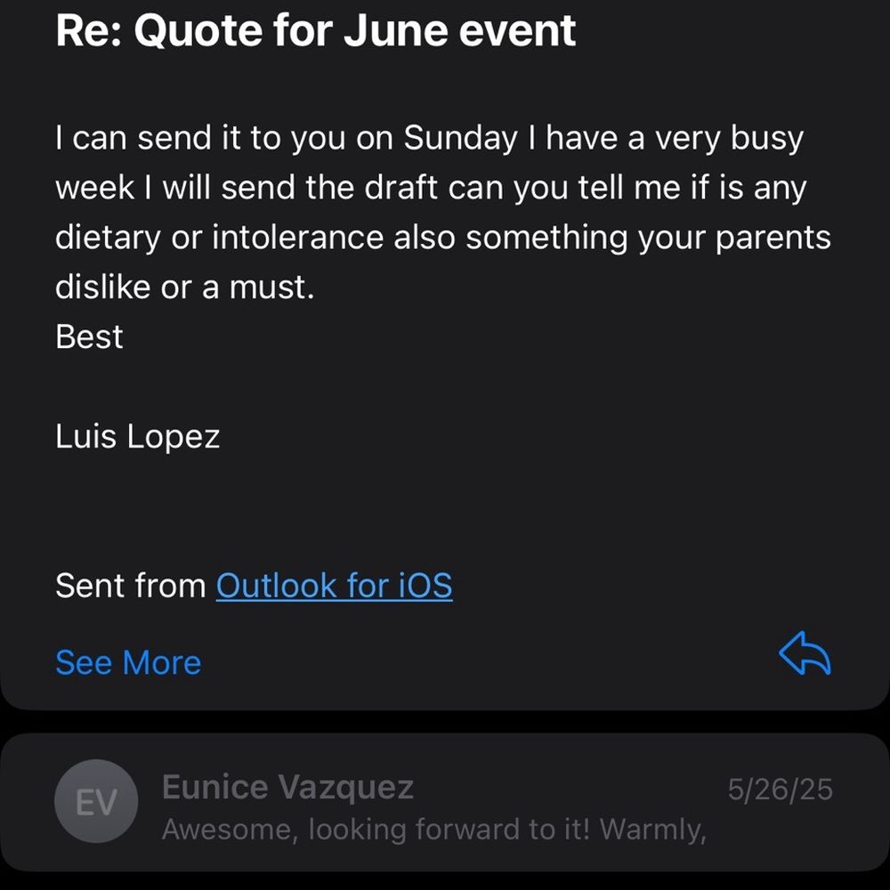 Luis Lopez Private Chef - Email confirmation/ draft menu/ & text messages show for cancellations of musician - Personal Chefs Near Me