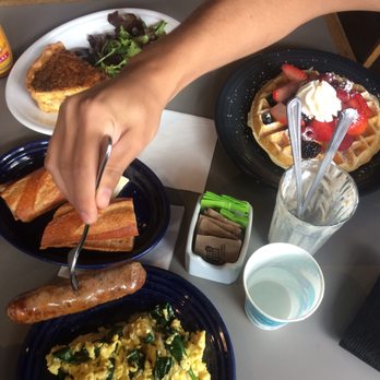 Cafe Borrone - Egg scramble with sourdough, quiche lorraine, berry waffles, sausage on the side - Breakfast & Brunch Near Me - Menlo Park, California