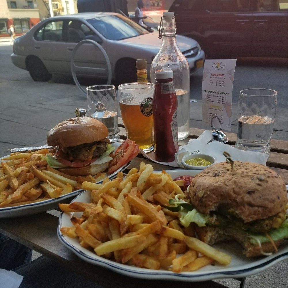 Zaca Cafe - 1) Vegetable Burger with curry mayo on the side. 2) Zaca Beef Burger - Coffee & Tea Near Me - Brooklyn, New York Zaca Cafe - 1) Vegetable Burger with curry mayo on the side. 2) Zaca Beef Burger - Coffee & Tea Near Me - Brooklyn, New York