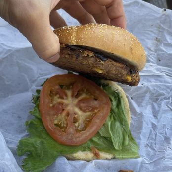 Hume Lake Snack Shop - singular piece of lettuce and one slice of tomato in the veggie burger - Coffee & Tea Near Me - Hume, California