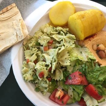 Sult'an Pepper - Memorial  - Veggie plate (choose 4 sides) Roasted potatoes, spicy hummus, Mediterranean salad, pesto pasta with a side of pita bread ($7) - Mediterranean Near Me - Houston, Texas