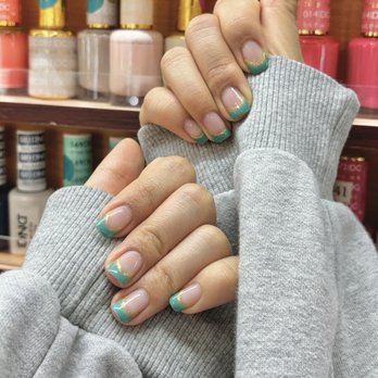 Asia Nails & Spa - Teal french tip nails with gold - Nail Salons Near Me - Roslindale, Massachusetts Asia Nails & Spa - Teal french tip nails with gold - Nail Salons Near Me - Roslindale, Massachusetts