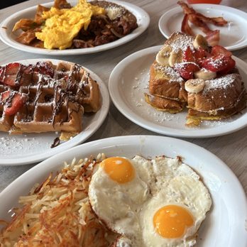 Loaded Cafe - Strawberry banana french toast , crunchy asada chilaquiles  Strawberry banana waffles - Breakfast & Brunch Near Me - Gardena, California