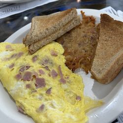 Nate's Place - Ham & cheese omelette with hash browns and whole wheat toast