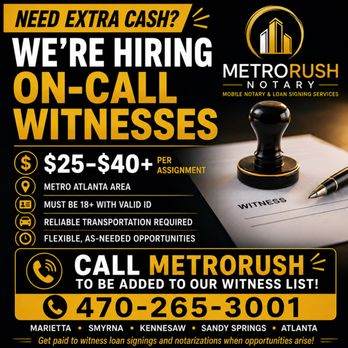 MetroRush - ‼Job opportunities available ‼ Call to join our witness list and earn up to $40 assignment - Notaries Near Me MetroRush - ‼Job opportunities available ‼ Call to join our witness list and earn up to $40 assignment - Notaries Near Me