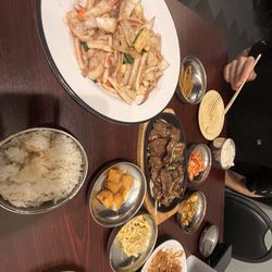 Korea House - Stir fried Garlic squid and veggies, beef ribs (pricy) Ban Chan assortments