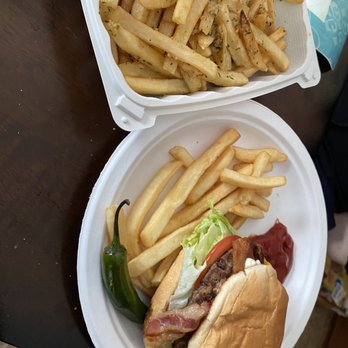 Phila Burger Station - Phila Burger Garlic Fries/regular fries and Bacon Cheeseburger! With jalapeño side from my house! - Burgers Near Me - Richmond, California Phila Burger Station - Phila Burger Garlic Fries/regular fries and Bacon Cheeseburger! With jalapeño side from my house! - Burgers Near Me - Richmond, California