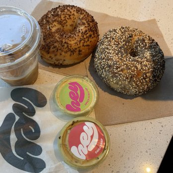 Hey Bagel - garlic and everything bagel with chili crisp and spicy scallion shmear - Coffee & Tea Near Me - Seattle, Washington