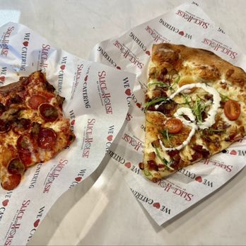 Slice House by Tony Gemignani - Left: Traditional in Sicilian style Right: Chkn Bacon Ranch in New York style - Pizza Near Me - Millbrae, California Slice House by Tony Gemignani - Left: Traditional in Sicilian style Right: Chkn Bacon Ranch in New York style - Pizza Near Me - Millbrae, California