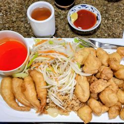 Chan's Chinese Restaurant - Number 2 combo. Fried shrimp, pork chow mein, fried rice and sweet and sour pork.