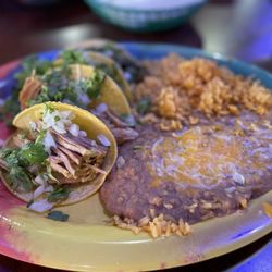 Loco Charlie's Mexican Grill - Carnitas tacos rice and refried beans