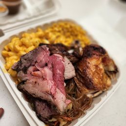 Prime rib, chicken, jap chae, macaroni, and corn Prime rib, chicken, jap chae, macaroni, and corn