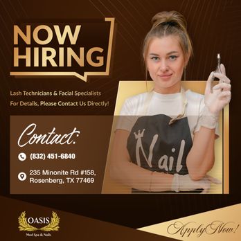 Oasis Med Spa & Nails - WE'RE HIRING AT OASIS MED SPA & NAILS!
We are excited to announce openings for Lash Technicians and Facial Specialists to join our - Nail Salons Near Me - Rosenberg, Texas Oasis Med Spa & Nails - WE'RE HIRING AT OASIS MED SPA & NAILS!
We are excited to announce openings for Lash Technicians and Facial Specialists to join our - Nail Salons Near Me - Rosenberg, Texas