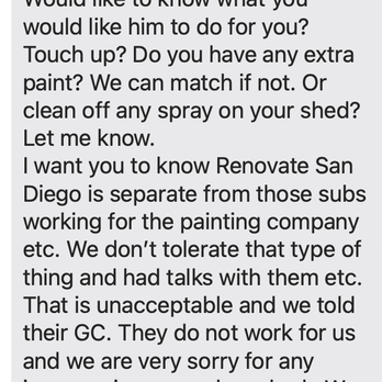 Renovate San Diego - text message promising to make repairs but 2 months later they have not reached out to arrange repairs. - Real Estate Services Near Me - Chula Vista, California Renovate San Diego - text message promising to make repairs but 2 months later they have not reached out to arrange repairs. - Real Estate Services Near Me - Chula Vista, California