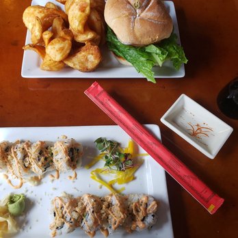 Kemosabe at Silverheels - Cheeseburger with spiral cut fries and the Psycho Sushi Roll. Yummy! - New American Near Me - Frisco, Colorado Kemosabe at Silverheels - Cheeseburger with spiral cut fries and the Psycho Sushi Roll. Yummy! - New American Near Me - Frisco, Colorado