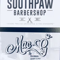 Southpaw Barbershop - Very nice looking business cards clean and nice. The top card is the business card. Shop # 661-282-5383 Gilbert's # 661-472-2449