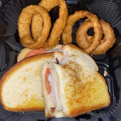 The Meltdown - Talkin' Turkey Melt with onion rings. Was good- I would order again. Kinda cold, but that's expected with delivery.