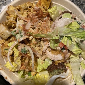 Shawarma Joint - Rice bowl with chicken shawarma, lettuce, Jerusalem salad, onion, hot sauce, and tahini - Mediterranean Near Me - Champaign, Illinois Shawarma Joint - Rice bowl with chicken shawarma, lettuce, Jerusalem salad, onion, hot sauce, and tahini - Mediterranean Near Me - Champaign, Illinois