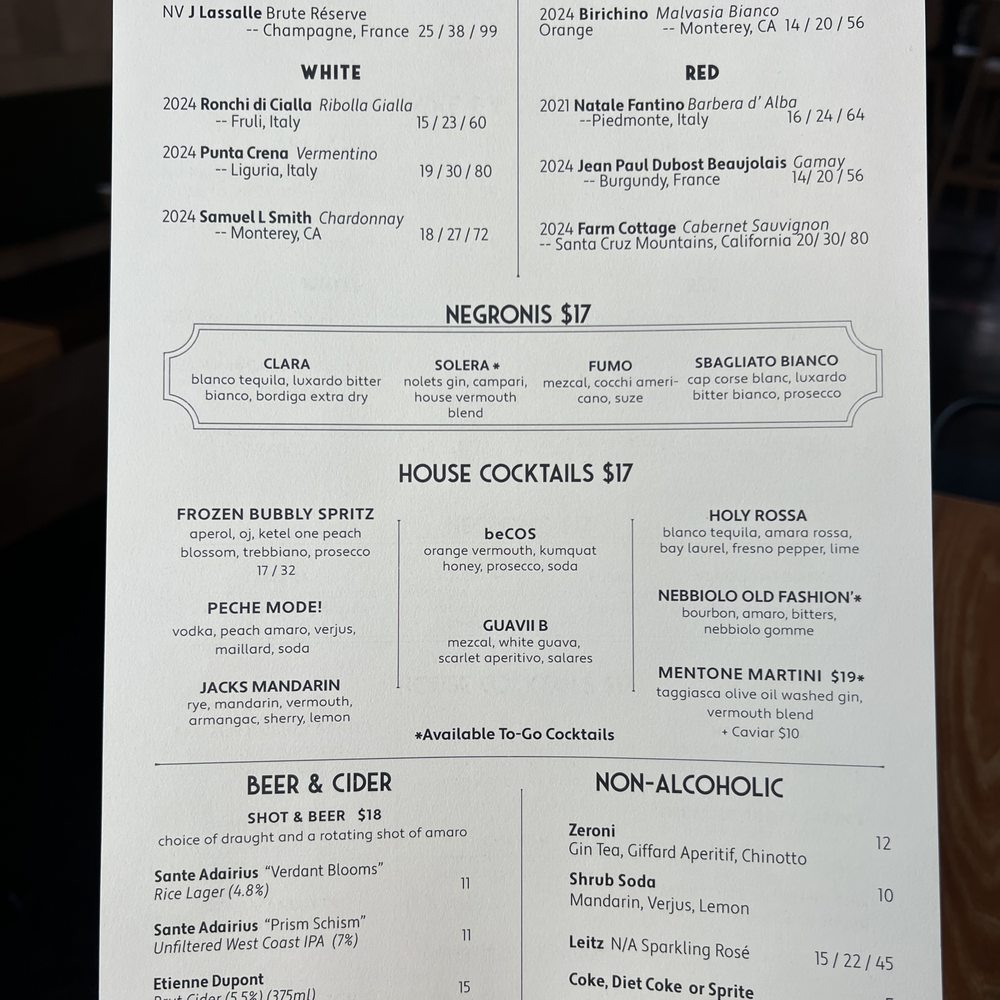 Mentone - Dinner menu drinks - Italian Near Me - Aptos, California
