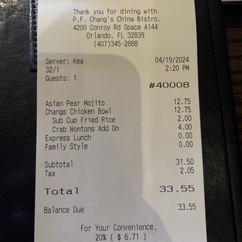 P.F. Chang's - Receipt - Chinese Near Me - Orlando, Florida