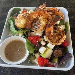 Mission Salad - fig, pear, feta, strawberry, balsamic vinegarette and I added blackened shrimp Mission Salad - fig, pear, feta, strawberry, balsamic vinegarette and I added blackened shrimp