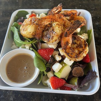 Wahoo's River Bar and Grill - Mission Salad - fig, pear, feta, strawberry, balsamic vinegarette and I added blackened shrimp - Seafood Near Me - Naples, Florida Wahoo's River Bar and Grill - Mission Salad - fig, pear, feta, strawberry, balsamic vinegarette and I added blackened shrimp - Seafood Near Me - Naples, Florida