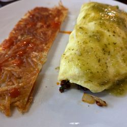 Chorizo omelet with Verde and hash browns
