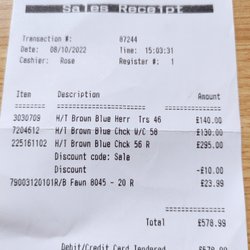 Colin White Menswear - In Store Receipt