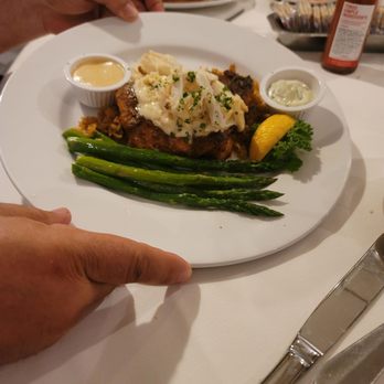 Gaido's - Blackened Golden Tile with Asiago cream sauce and grilled asparagus. - Seafood Near Me - Galveston, Texas Gaido's - Blackened Golden Tile with Asiago cream sauce and grilled asparagus. - Seafood Near Me - Galveston, Texas