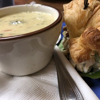 PerKup Cafe - Their broccoli cheese soup is soooo good!  Here it is next to their pecan chicken salad sandwich. - Breakfast & Brunch Near Me - West Des Moines, Iowa