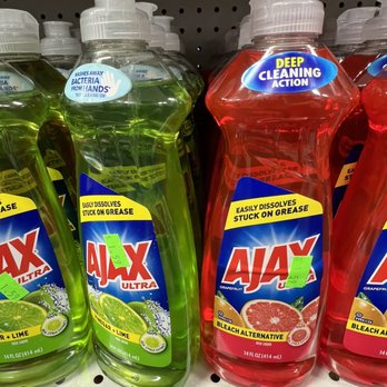 Dollar City - Soap - Two bottles of Ajax dish soap are displayed on a store shelf, one lemon-lime scent and one grapefruit scent, with price tags attached. - Discount Store Near Me - Silver Spring, Maryland