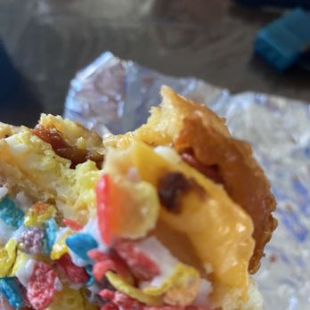 Grounds Donut House - Bacon Egg & Cheese on a fruity pebble donut ((we listen and we don't judge)) - Coffee & Tea Near Me - Bronx, New York Grounds Donut House - Bacon Egg & Cheese on a fruity pebble donut ((we listen and we don't judge)) - Coffee & Tea Near Me - Bronx, New York