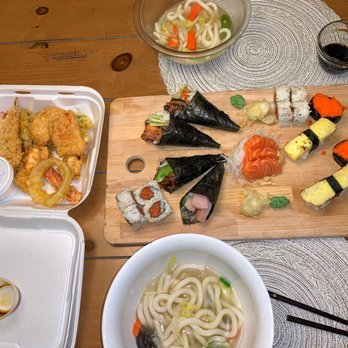 Sushi Tong - tempura udon, salmon skin hand rolls, eel avocado hand roll, yellowtail hand roll, salmon sashimi, spicy tuna roll, tomago, tobiko - Sushi Bars Near Me - Smyrna, Georgia Sushi Tong - tempura udon, salmon skin hand rolls, eel avocado hand roll, yellowtail hand roll, salmon sashimi, spicy tuna roll, tomago, tobiko - Sushi Bars Near Me - Smyrna, Georgia