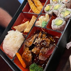 Sake Japanese Restaurant - Steak teriyaki bento box, a tasty sampling.