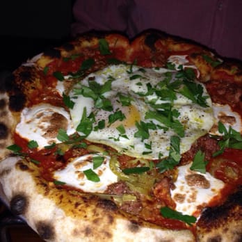 Area Four - Sausage banana pepper pizza and extra eggs - Pizza Near Me - Cambridge, Massachusetts
