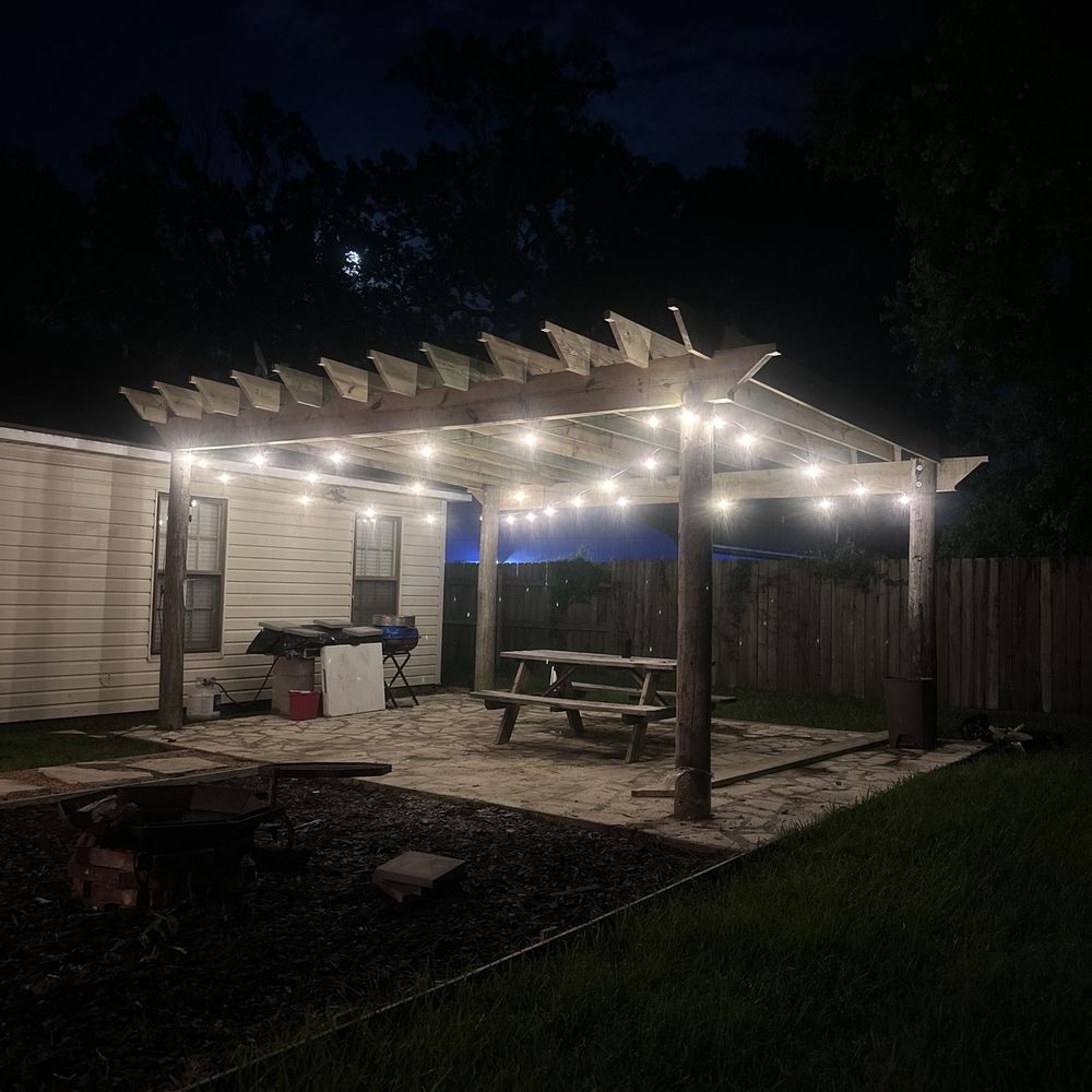 four day job and he got it done in three. This a 20x17 ft pergola. Did not cut any corners and made a great attraction.