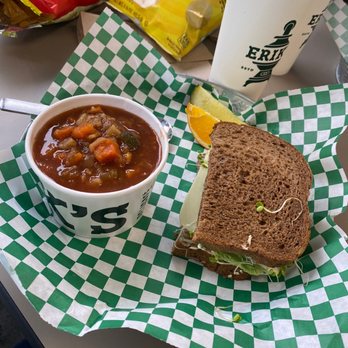 Erik's DeliCafe of Folsom - Veggie soup and veggie sand packed full of avocado, Swiss, tomato, onion, sprouts and an amazing sauce! - Delis Near Me - Folsom, California Erik's DeliCafe of Folsom - Veggie soup and veggie sand packed full of avocado, Swiss, tomato, onion, sprouts and an amazing sauce! - Delis Near Me - Folsom, California