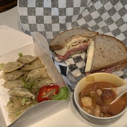 Pierogi (sauerkraut and mushroom) + Corned beef sandwich on rye + cabbage soup Pierogi (sauerkraut and mushroom) + Corned beef sandwich on rye + cabbage soup