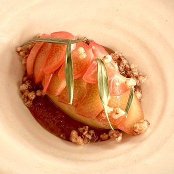 Tomo - Okinawa Brown Sugar & Bay Laurel Sorbet with Rhubarb and Buckwheat Crumble - New American Near Me - Seattle, Washington Tomo - Okinawa Brown Sugar & Bay Laurel Sorbet with Rhubarb and Buckwheat Crumble - New American Near Me - Seattle, Washington
