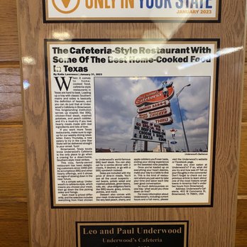 Underwood's Cafeteria - a sign for the restaurant - Barbeque Near Me - Brownwood, Texas