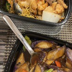Mandarin Cuisine - Pan-Fried Crispy Noodles, Family style Eggplant