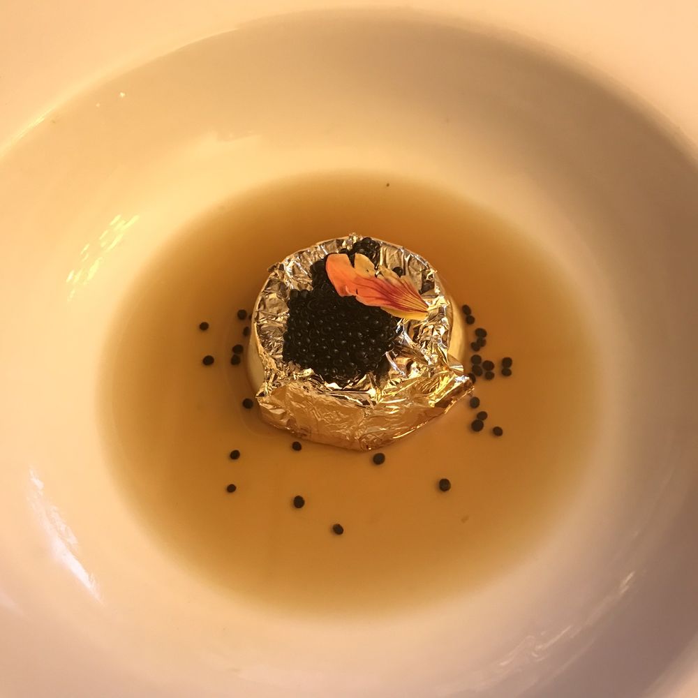 Jack's Oyster House - Bison consume royale -- the custard was absolutely delicious, but the gold leaf was gilding the custard-lily - Seafood Near Me - Albany, New York