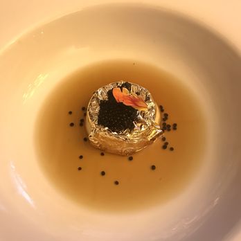 Jack's Oyster House - Bison consume royale -- the custard was absolutely delicious, but the gold leaf was gilding the custard-lily - Seafood Near Me - Albany, New York Jack's Oyster House - Bison consume royale -- the custard was absolutely delicious, but the gold leaf was gilding the custard-lily - Seafood Near Me - Albany, New York