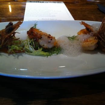 Barley Swine - Gulf shrimp daily special with mango purée and pork bites on the bottom - New American Near Me - Austin, Texas Barley Swine - Gulf shrimp daily special with mango purée and pork bites on the bottom - New American Near Me - Austin, Texas