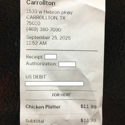 $11.99 for Chicken & Rice platter.