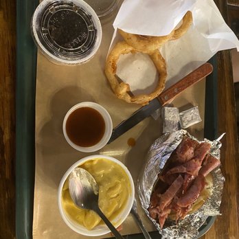 Hard Eight BBQ - Stuffed potato with sausage, Oreo pudding and Mac and cheese and onion rings. - Barbeque Near Me - The Colony, Texas