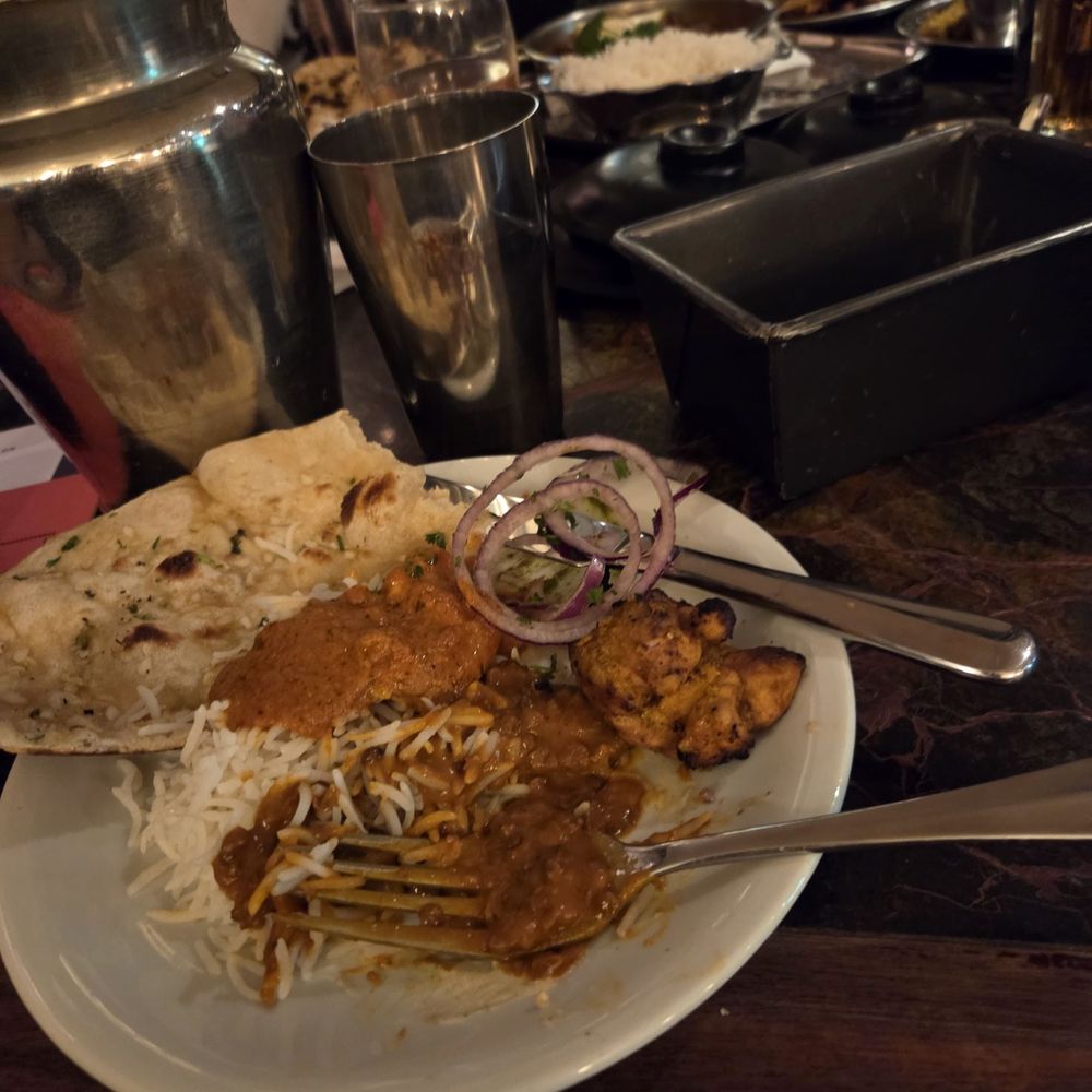 Dishoom - My plate with lentils, tomato chicken dish, garlic naan, and grilled chicke. - Indian Near Me - Edinburgh, EDH Dishoom - My plate with lentils, tomato chicken dish, garlic naan, and grilled chicke. - Indian Near Me - Edinburgh, EDH