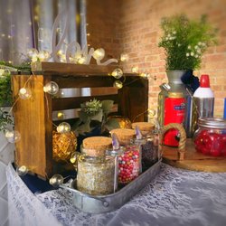Mini sundae toppings bar close up.