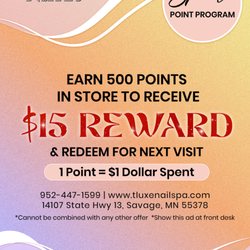 T-Luxe Nails & Spa - SPECIAL POINT PROGRAM
Our Address: 14107 State Hwy 13, Savage, MN 55378
Our Phone: (952) 447-1599
Our Website: Tluxenailspa.com