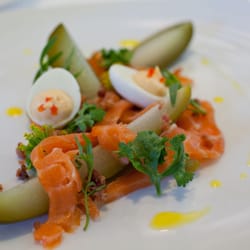 The Prune Restaurant & Bar One Fifty One - Cold smoked salmon, devilled quail's egg, cucumber, tarragon at The (Old) Prune